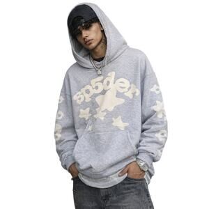 Sp5der Star Graphic Hoodie Heather Gray Size M